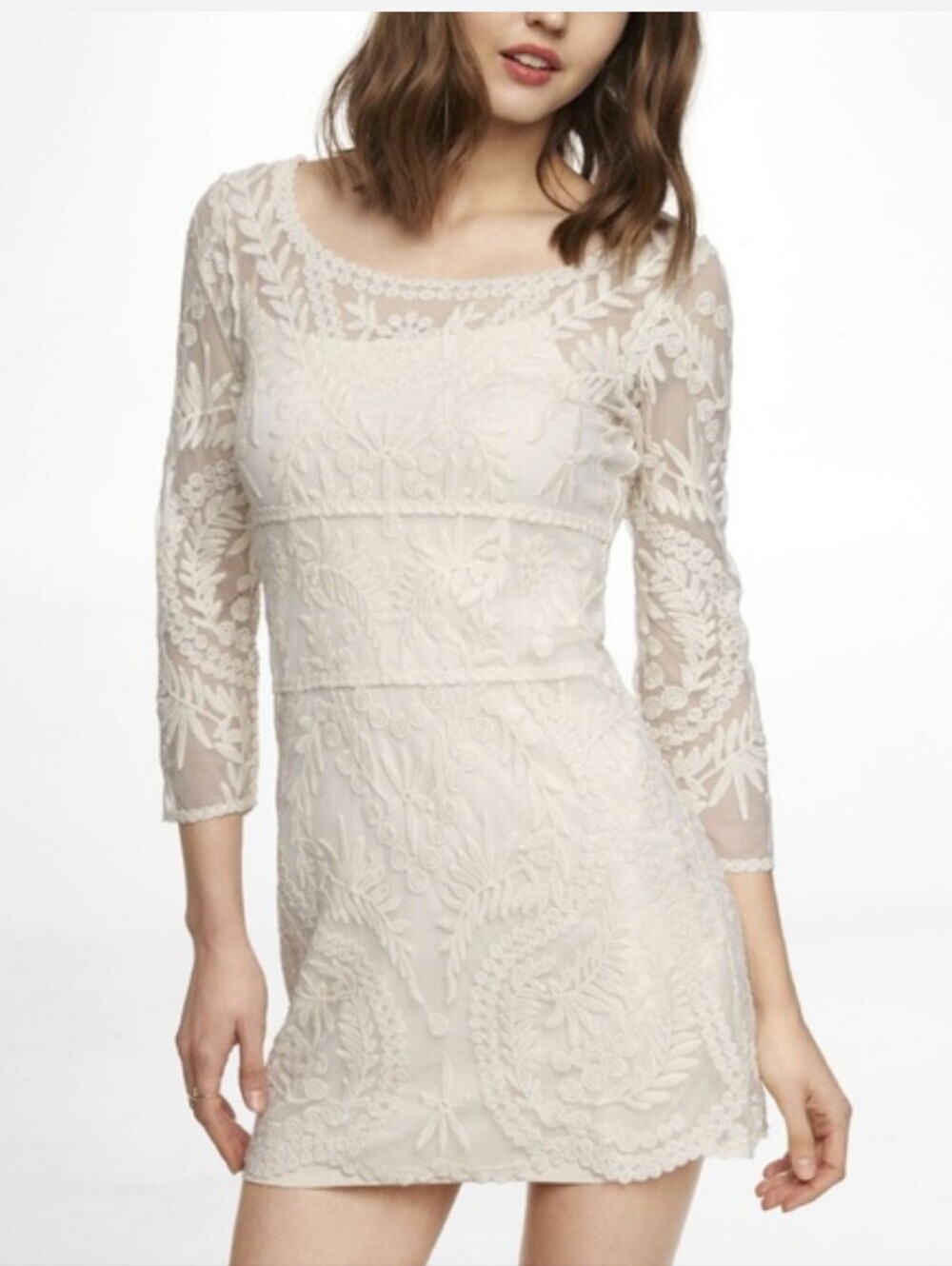 Express Sheer White Lace Embroidered Mini Dress Small Boat Neck 3/4 Sleeve Sz L